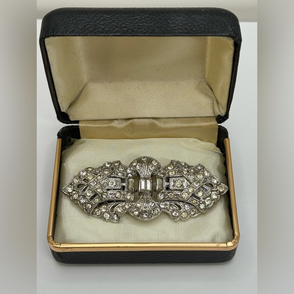 Antique Art Deco Double Dress Clip Clear Rhinestone Brooch